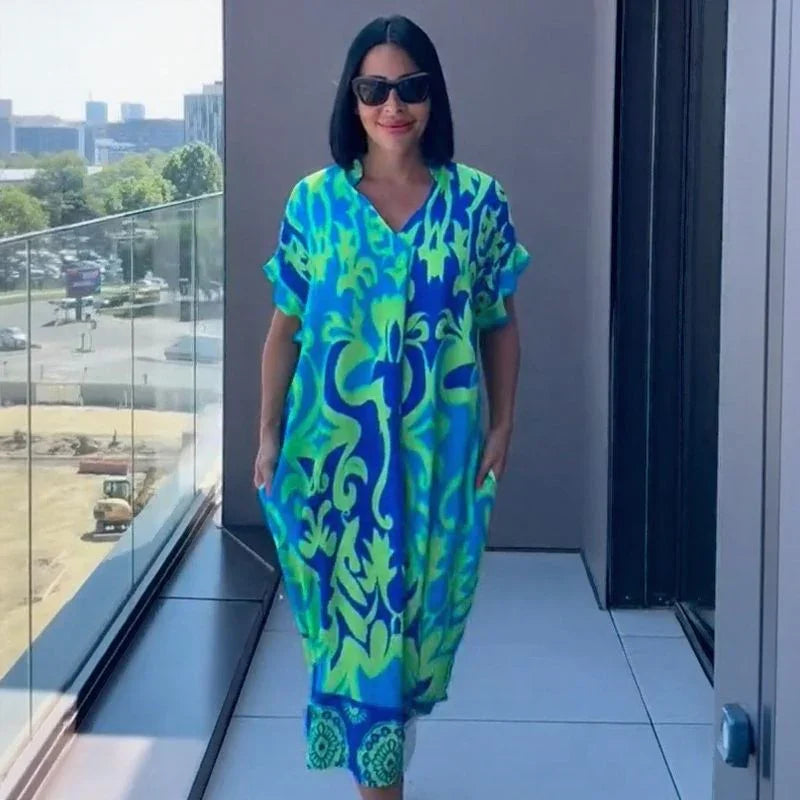 Vestido Oceania™ en Viscosa con Corte Suelto y Estampado Tropical