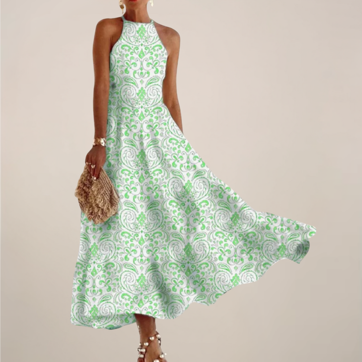 Vestido Largo de Cuello Halter Impreso para Mujeres – Vestido Veraniego Flowy en Corte A