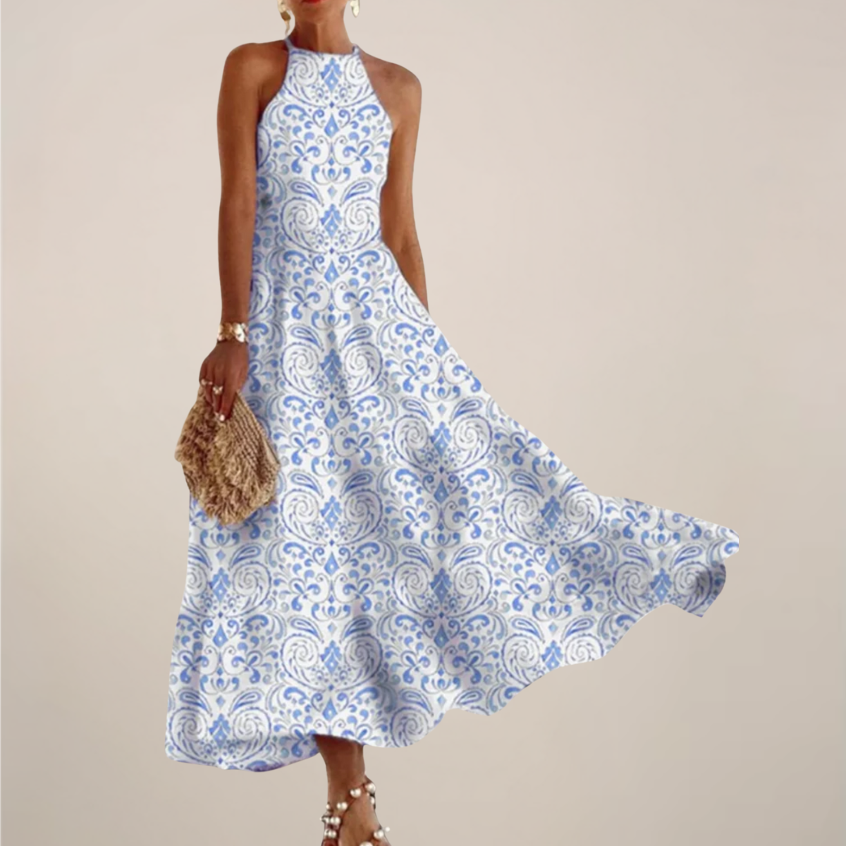 Vestido Largo de Cuello Halter Impreso para Mujeres – Vestido Veraniego Flowy en Corte A