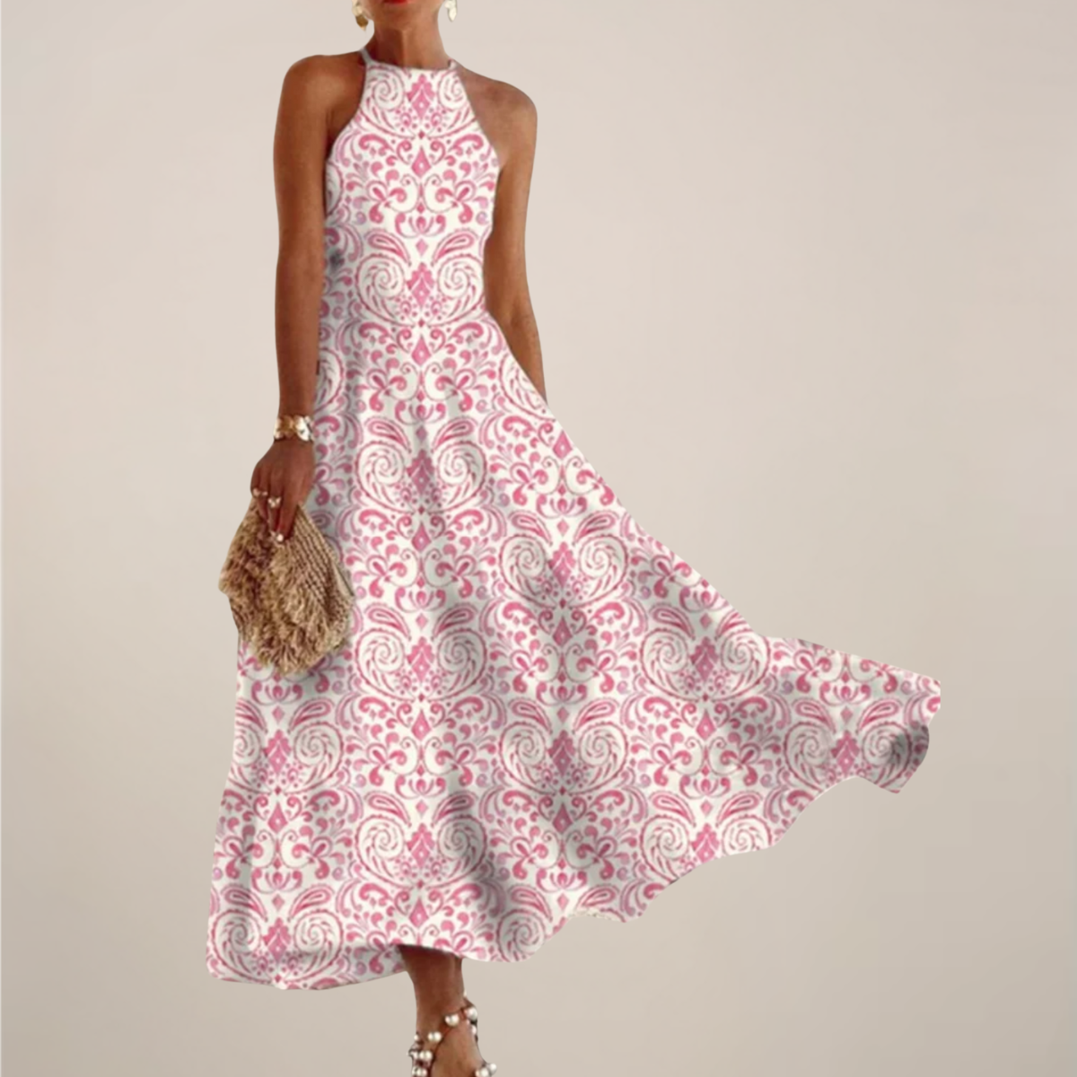 Vestido Largo de Cuello Halter Impreso para Mujeres – Vestido Veraniego Flowy en Corte A