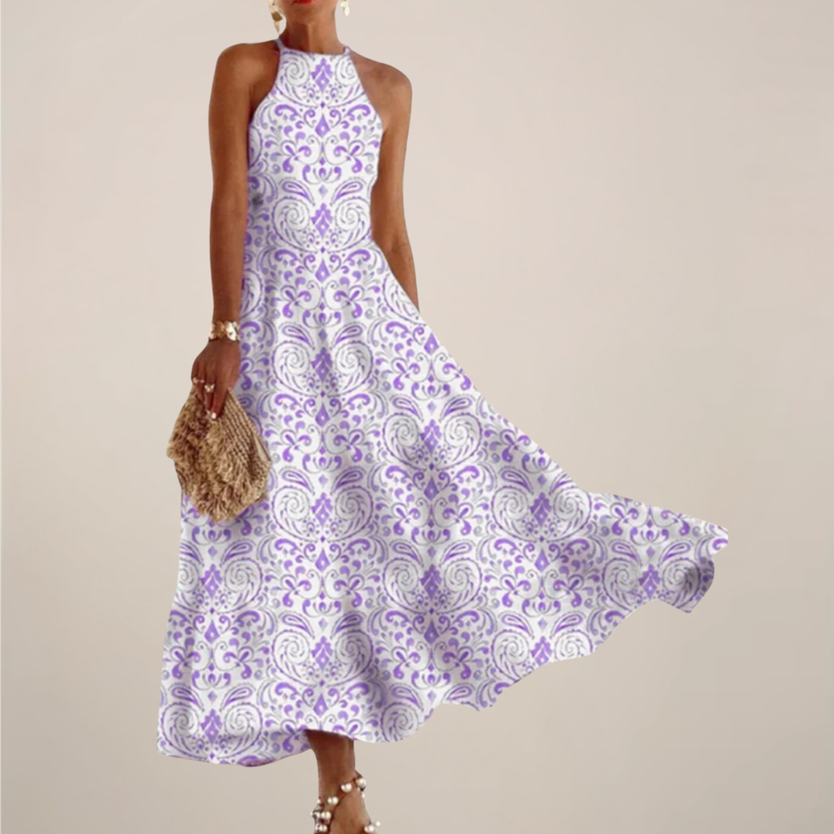 Vestido Largo de Cuello Halter Impreso para Mujeres – Vestido Veraniego Flowy en Corte A