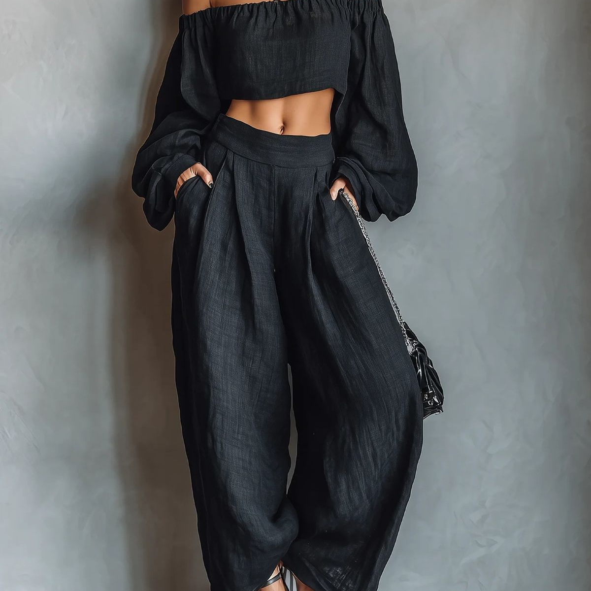 Tess™ || Conjunto de escote off-shoulder con pantalón ancho