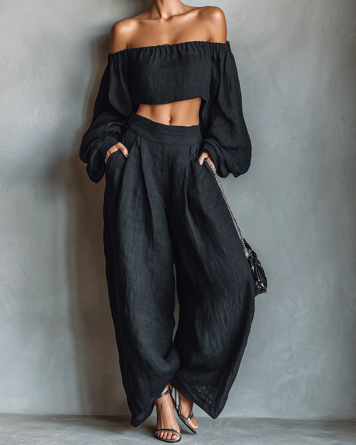 Tess™ || Conjunto de escote off-shoulder con pantalón ancho