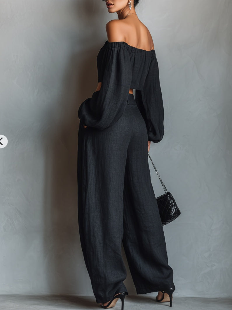 Tess™ || Conjunto de escote off-shoulder con pantalón ancho