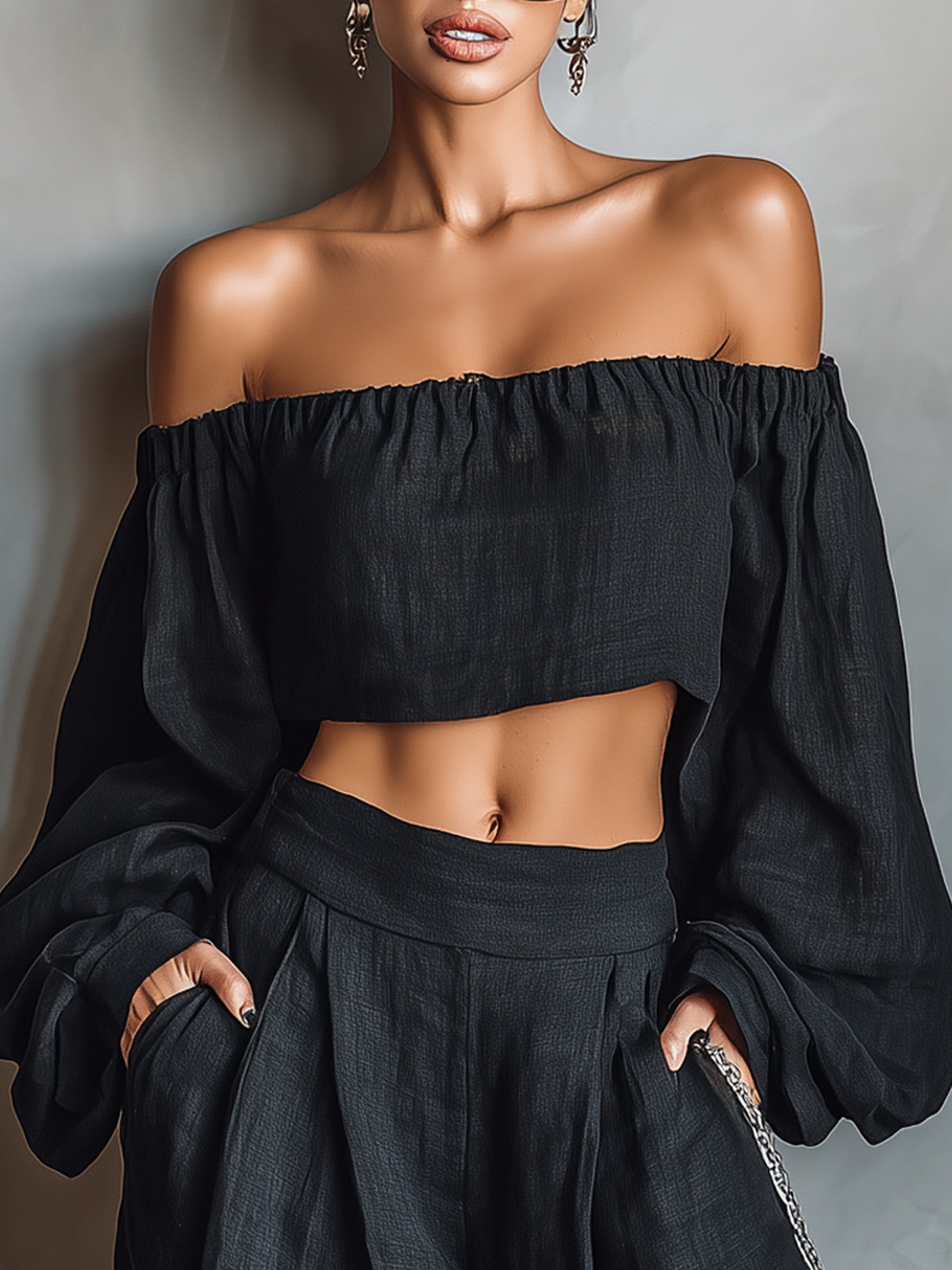 Tess™ || Conjunto de escote off-shoulder con pantalón ancho