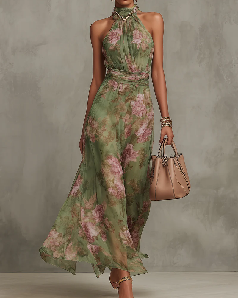 Florine™ | Vestido Maxi Verde con Estampado Floral