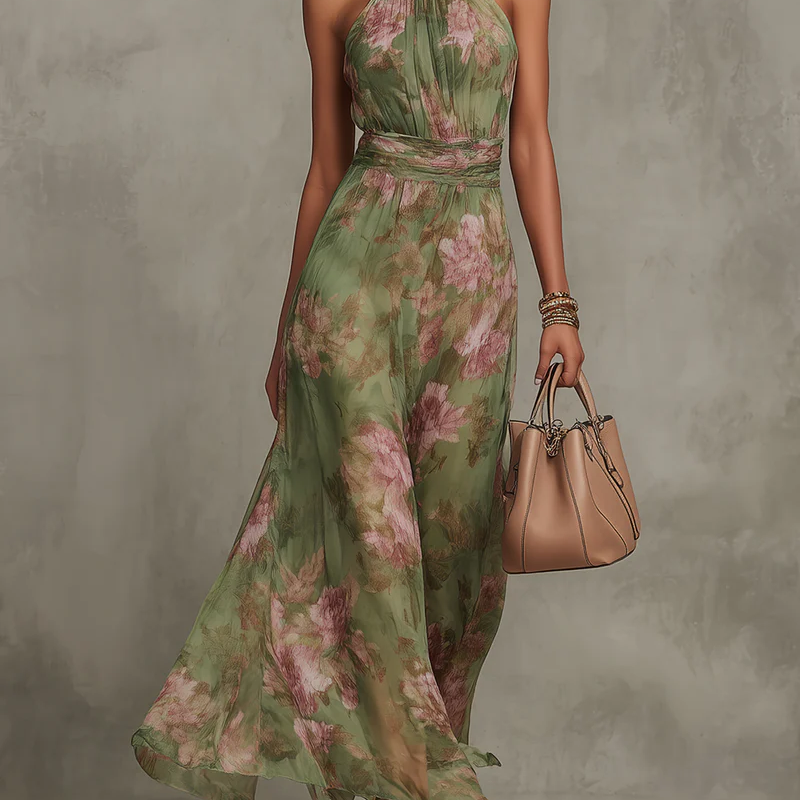 Florine™ | Vestido Maxi Verde con Estampado Floral