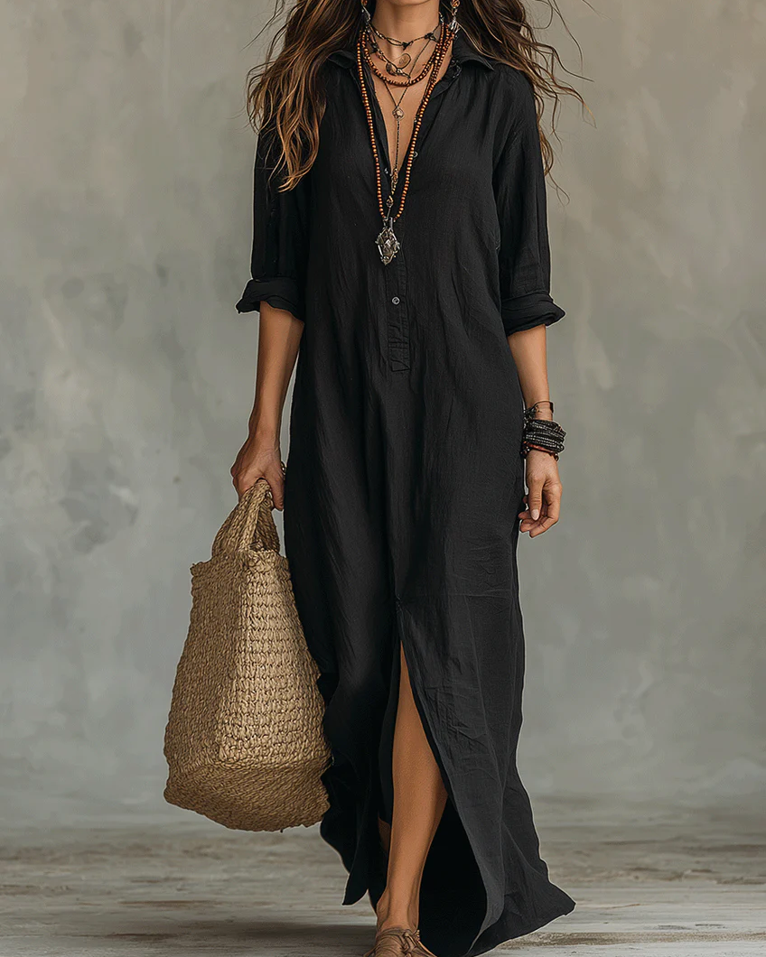Soline™ | Vestido Maxi Negro Amplio con Botones