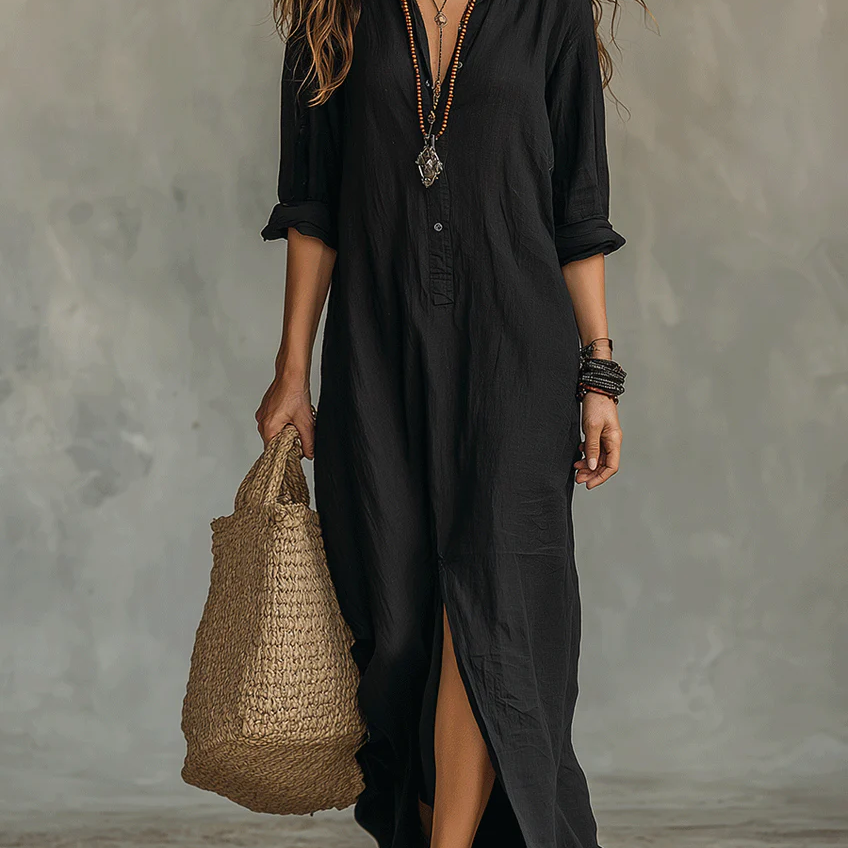 Soline™ | Vestido Maxi Negro Amplio con Botones
