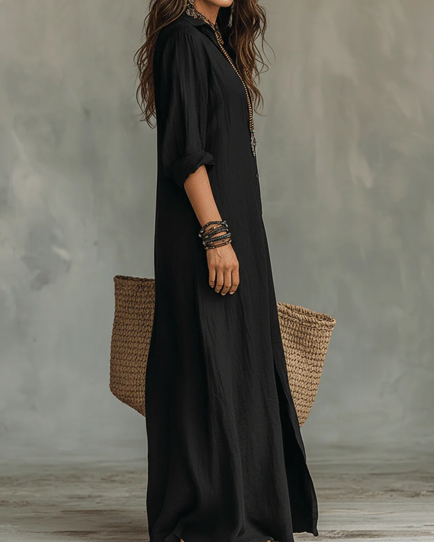 Soline™ | Vestido Maxi Negro Amplio con Botones