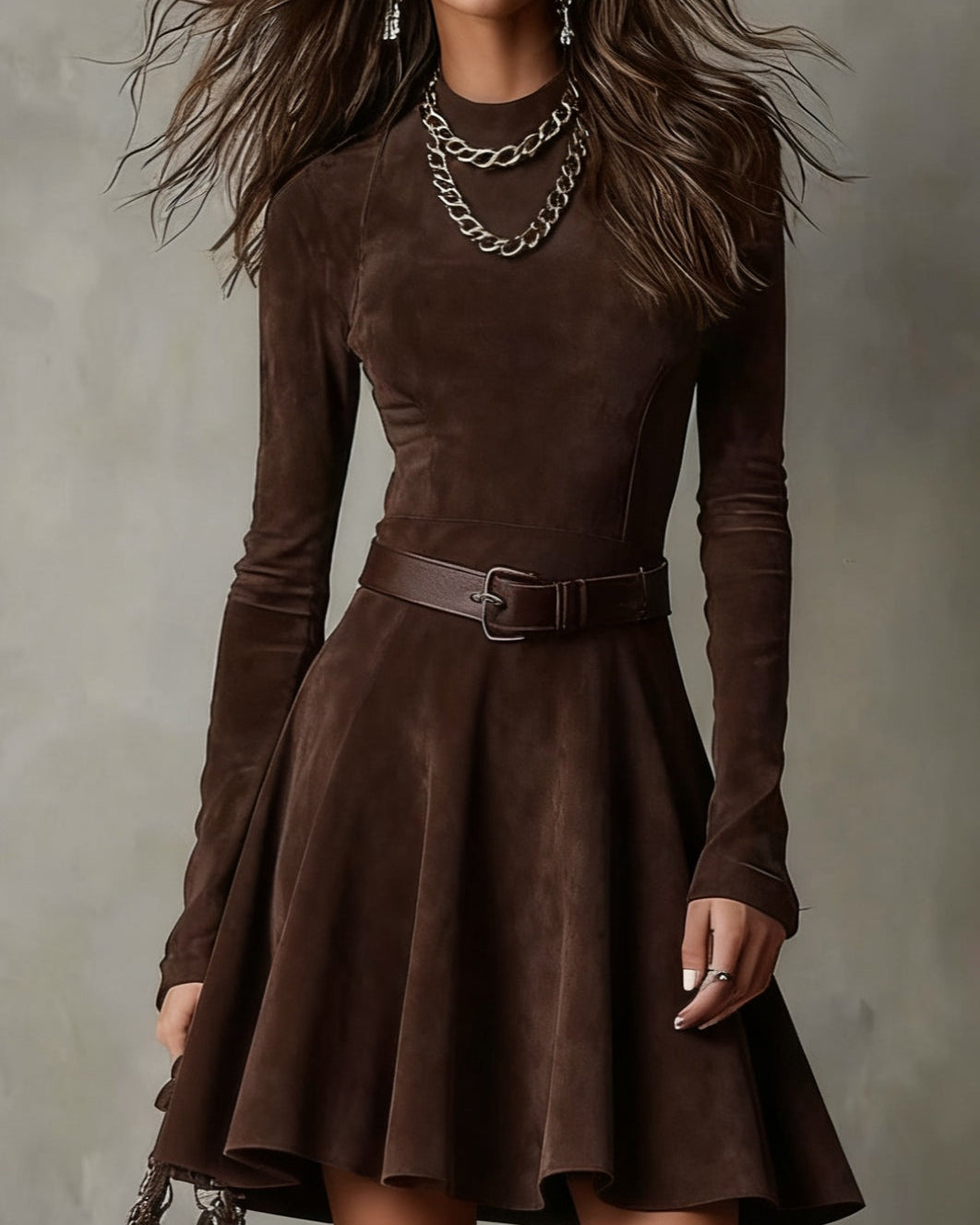 Noémie™ | Vestido Mini Vintage en Ante Marrón Oscuro