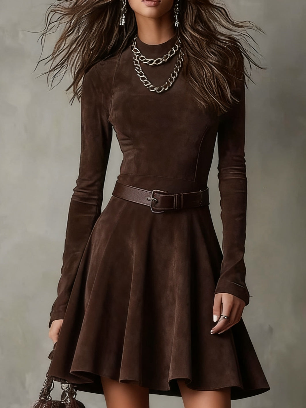 Noémie™ | Vestido Mini Vintage en Ante Marrón Oscuro