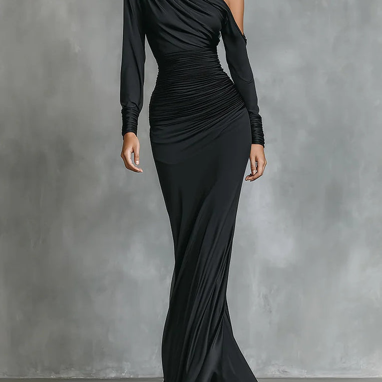 Célina™ | Vestido Maxi de Satén con Hombro Descubierto en Negro