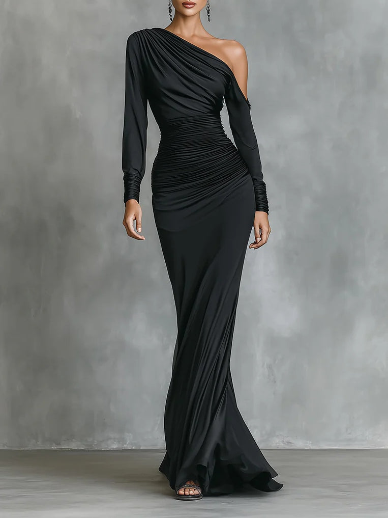 Célina™ | Vestido Maxi de Satén con Hombro Descubierto en Negro