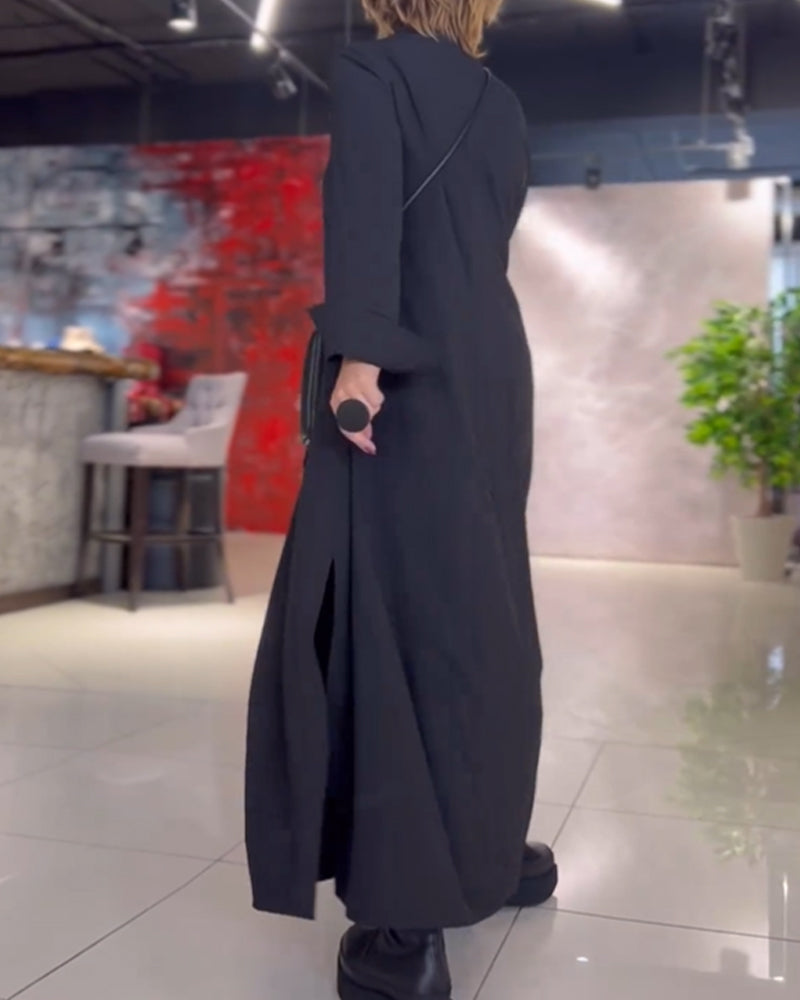 Evia™ - Vestido Largo Suelto con Solapas y Abertura