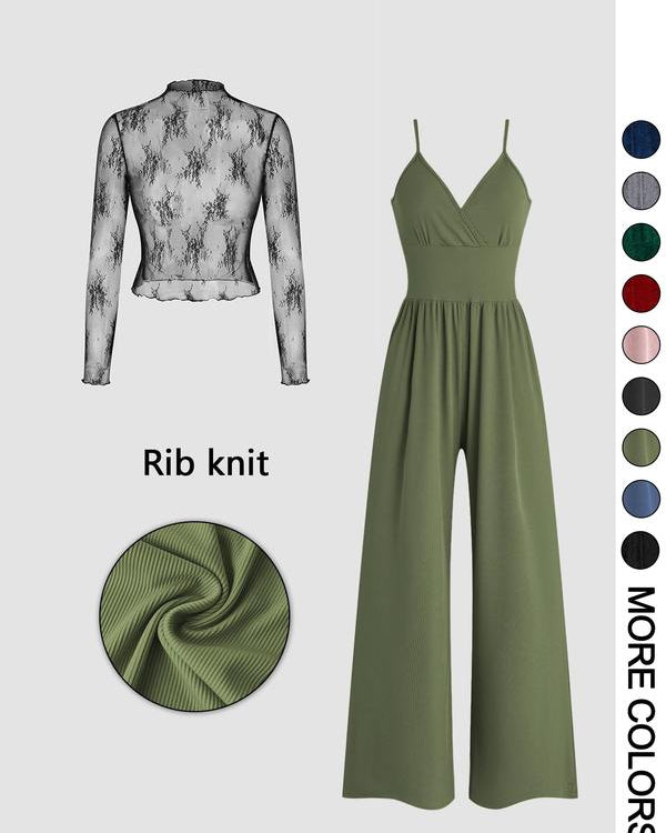 MARYAM™ - Conjunto de blusa de encaje monocromática y mono con bolsillos
