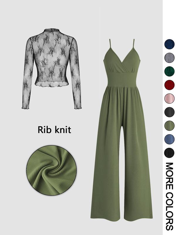 MARYAM™ - Conjunto de blusa de encaje monocromática y mono con bolsillos