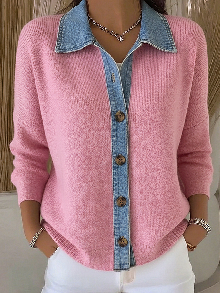 Cardigan de punto con cuello polo y parches de denim, con botones