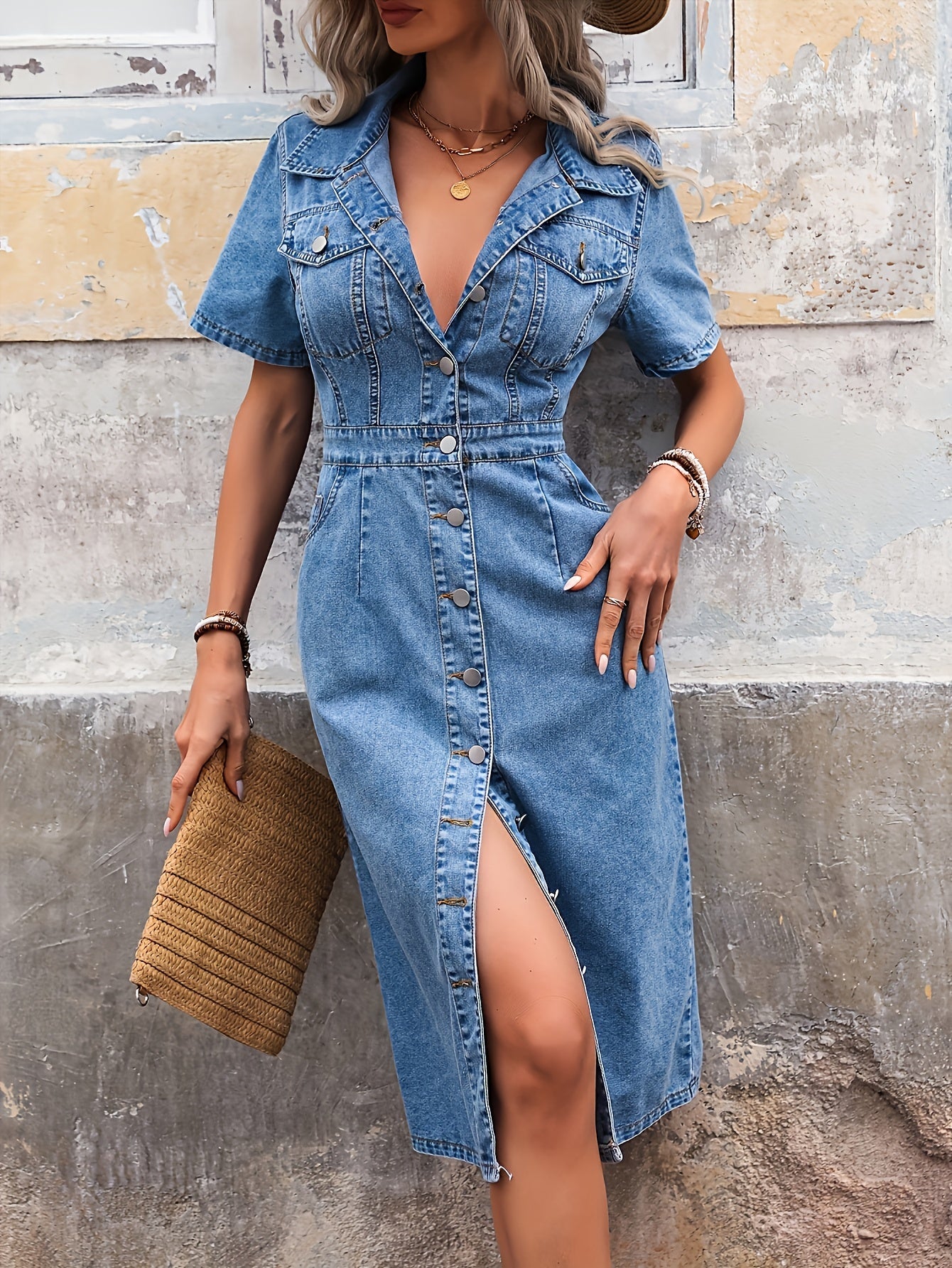 Vestido de mezclilla midi casual de manga corta para mujer