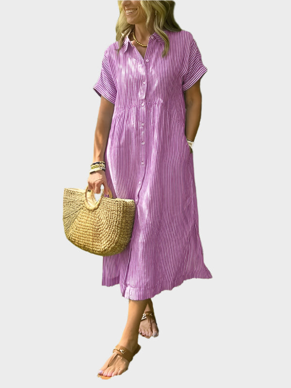 Vestido Camisero a Rayas con Solapas, Botones y Bolsillos Funcionales