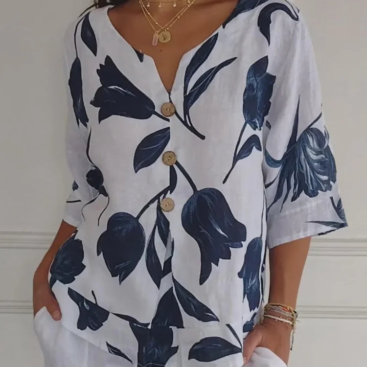 Denisa™ - Top de túnica estampado con escote en V