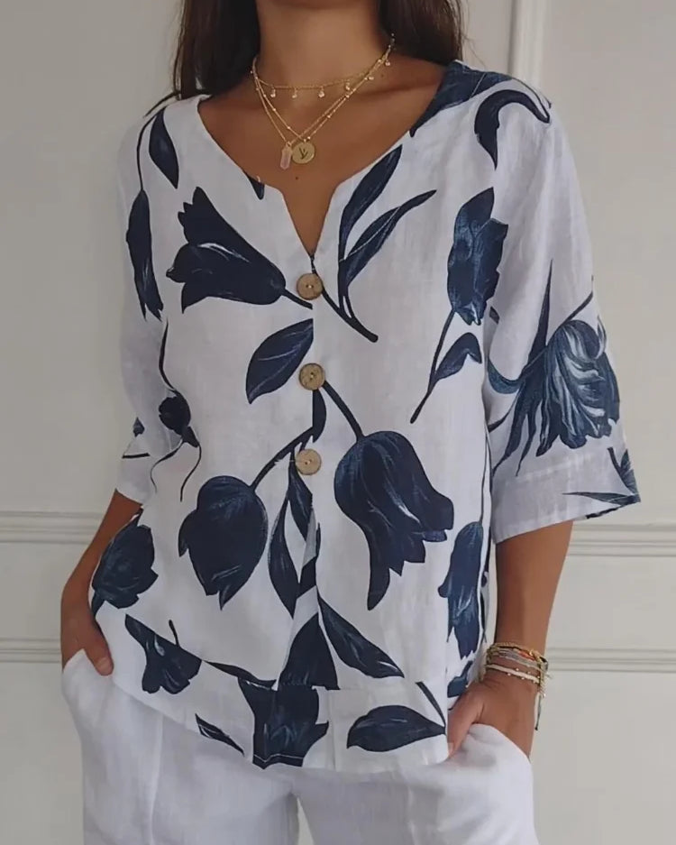 Denisa™ - Top de túnica estampado con escote en V