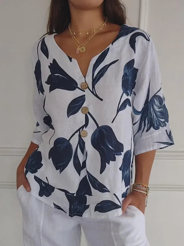 Denisa™ - Top de túnica estampado con escote en V
