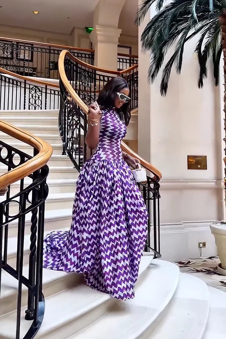 Vestido Maxi de Estampado Zigzag Morado