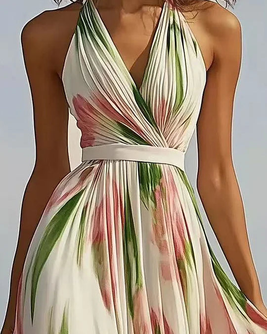 Vestido Maxi Halter de Chiffon Floral Beige de Uso Diario