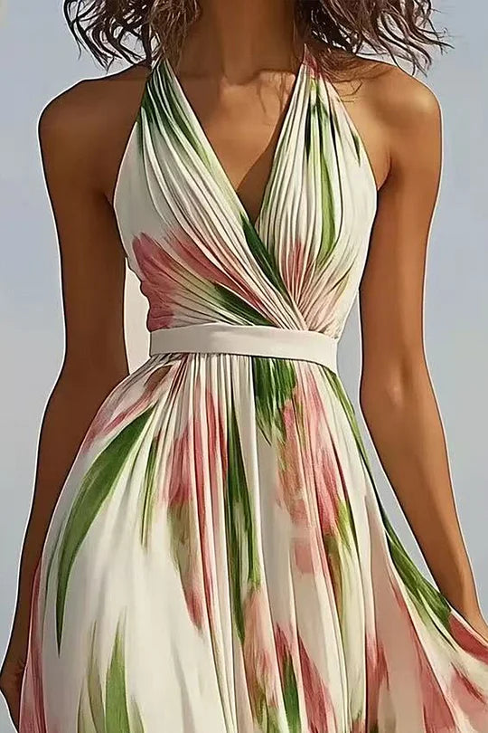 Vestido Maxi Halter de Chiffon Floral Beige de Uso Diario