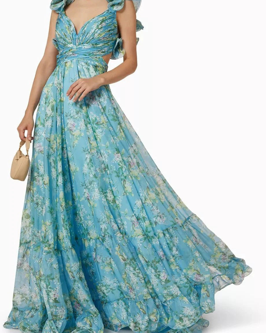 Vestido Maxi Elegante de Mezcla de Seda Floral