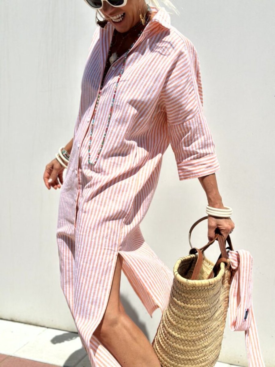 AZENITH - VESTIDO CASUAL A RAYAS CON CORDONES