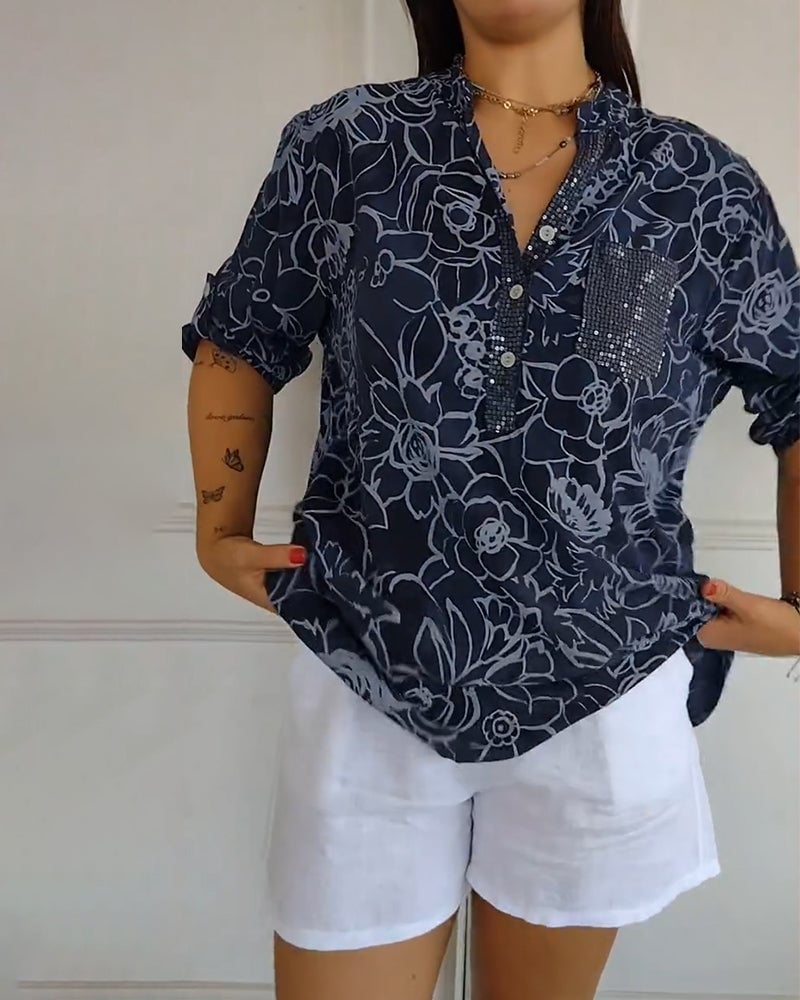 Blusa Impresa Con Botones y Cuello en V