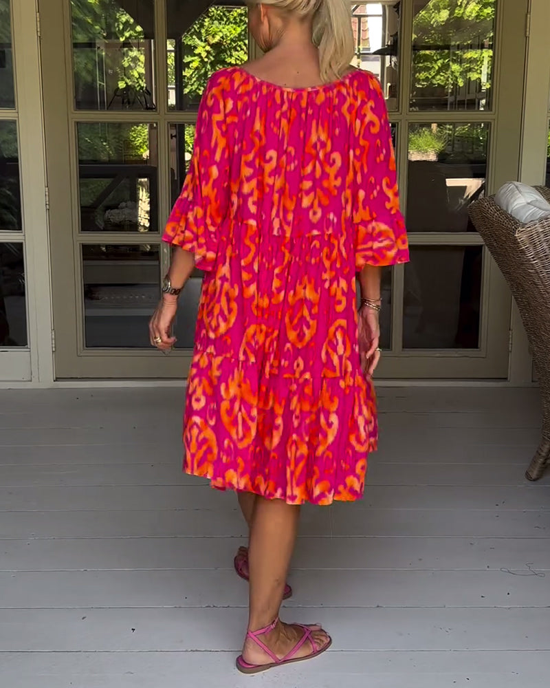 Vestido Rojo Con Estampado Y Mangas Tres Cuartos