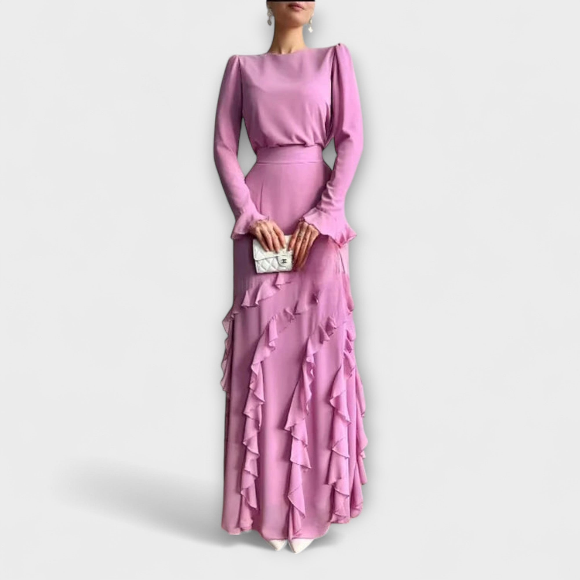 Fallon - Vestido Largo Ajustado con Volantes en Tres Dimensiones