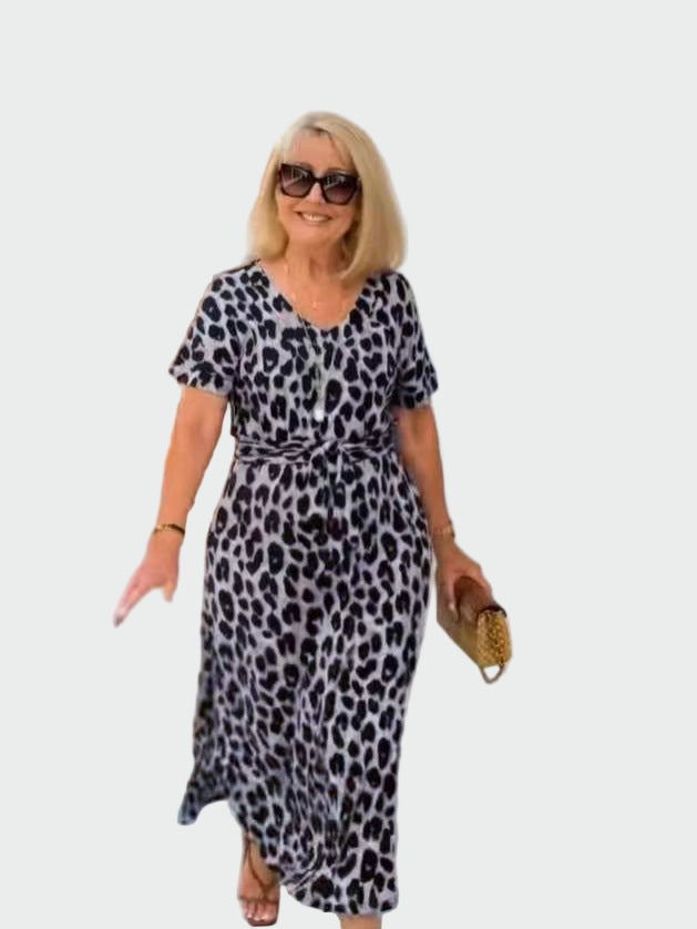 Vestido con Estampado de Leopardo y Impresionante Escote en V