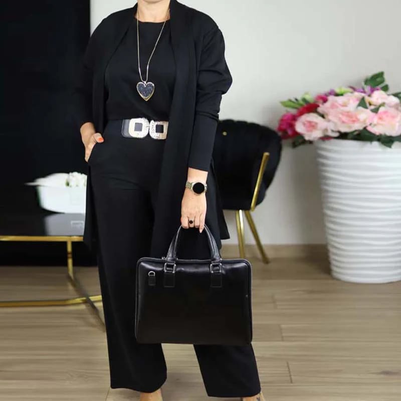 Conjunto Chic de 3 Piezas: Cárdigan Largo, Blusa y Pantalones