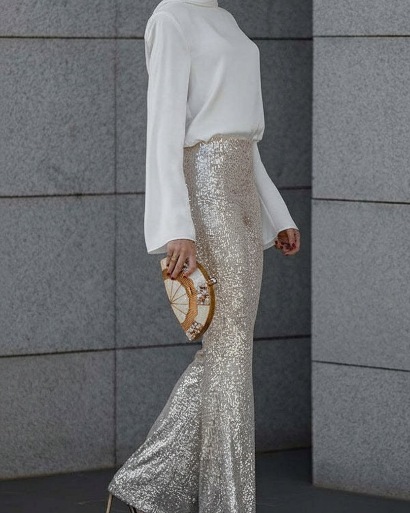 PANTALONES ACAMPANADOS DIVA | LENTEJUELAS, TIRO ALTO Y CINTURA ELÁSTICA