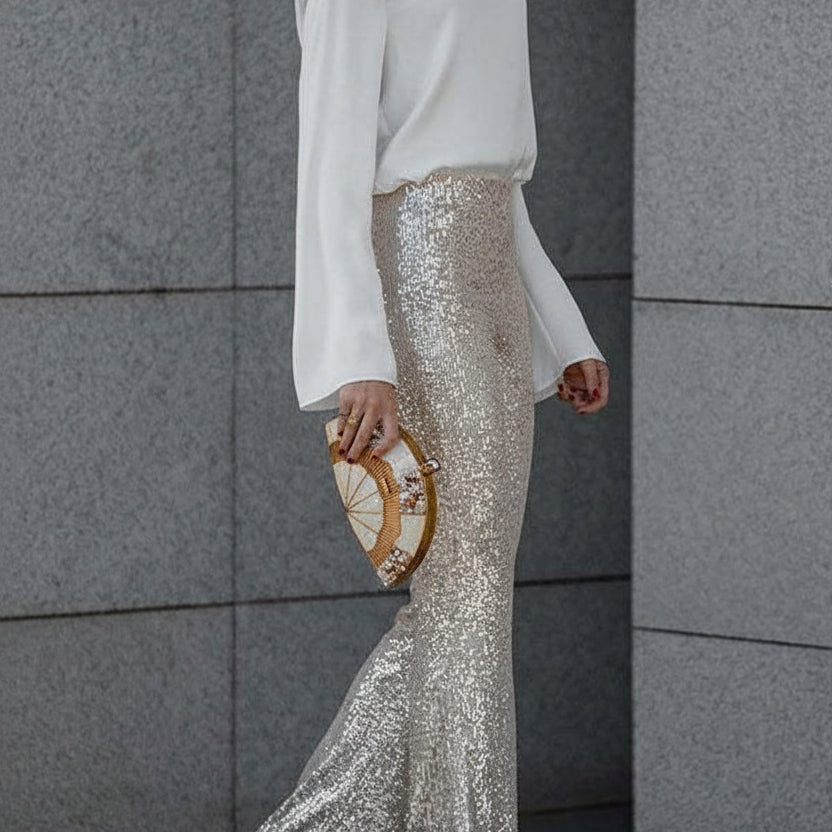 PANTALONES ACAMPANADOS DIVA | LENTEJUELAS, TIRO ALTO Y CINTURA ELÁSTICA