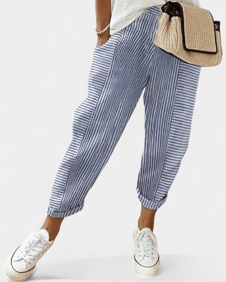 Alba Pantalones de Mezcla de Lino a Rayas