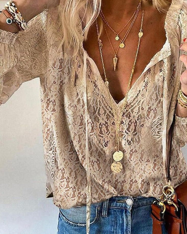Serelia | Blusa para mujer con encaje y escote en V de estilo bohemio