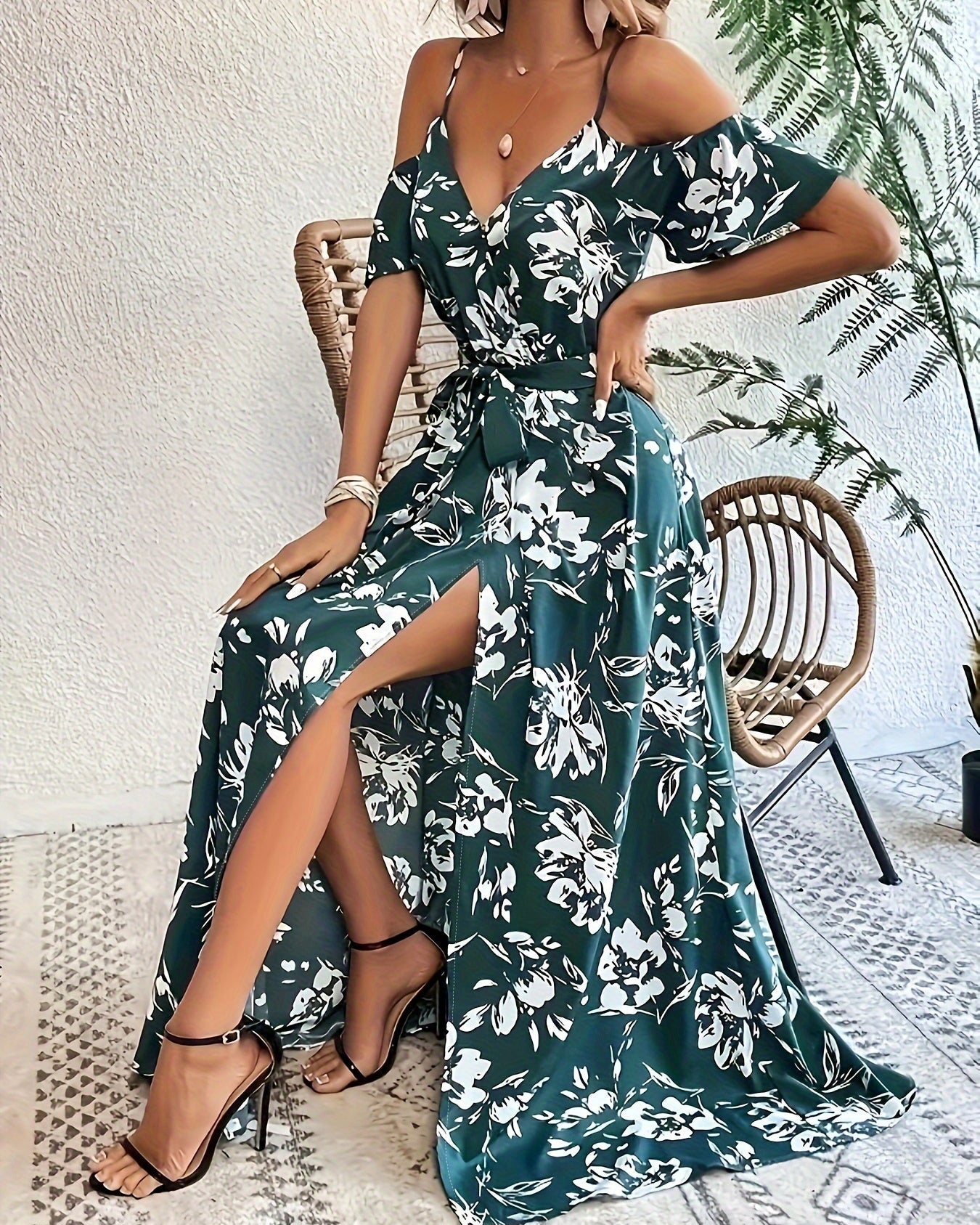 Vestido Sin Mangas de Impresión Floral con Alta Abertura para Mujeres