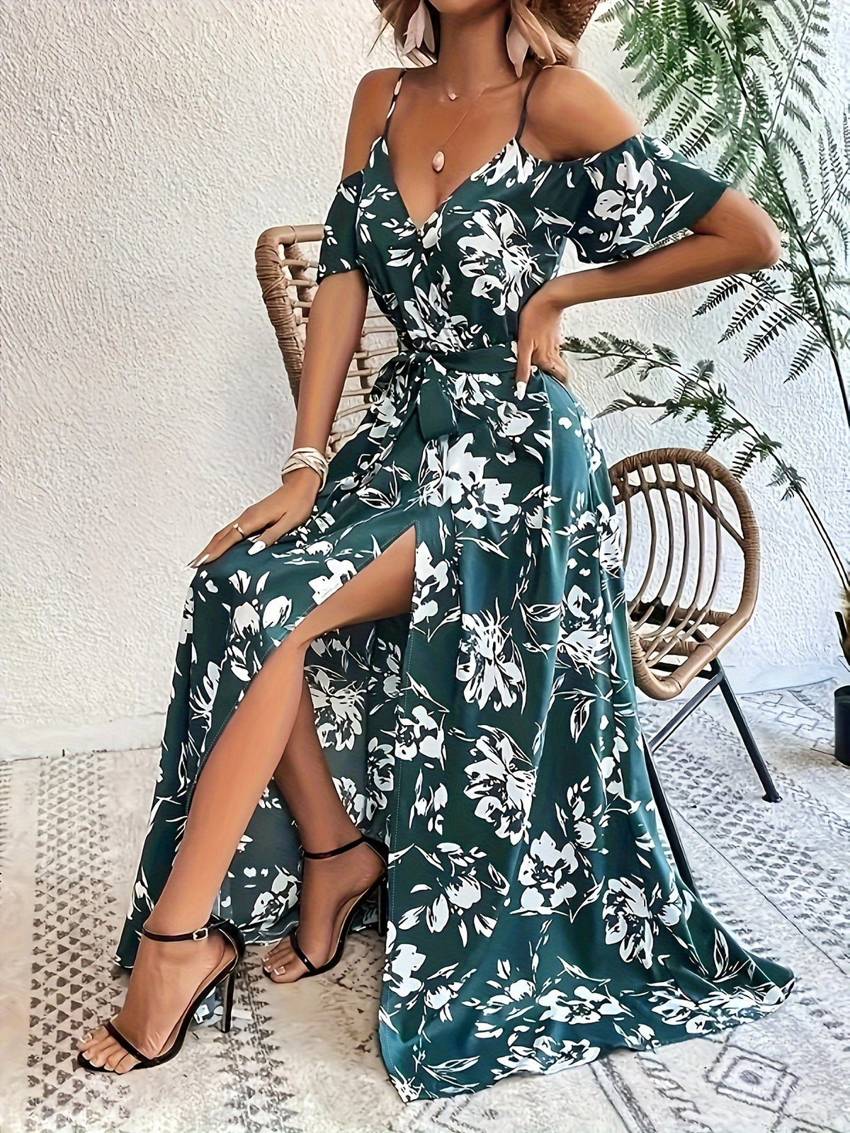 Vestido Sin Mangas de Impresión Floral con Alta Abertura para Mujeres