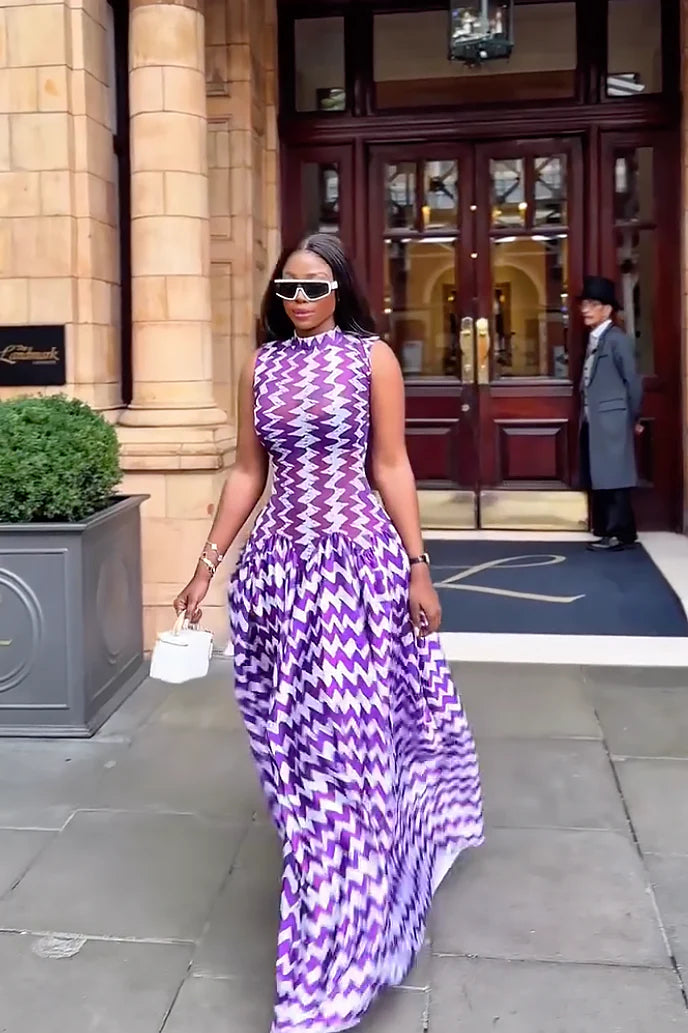 Vestido Maxi de Estampado Zigzag Morado