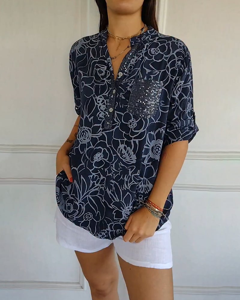 Blusa Impresa Con Botones y Cuello en V