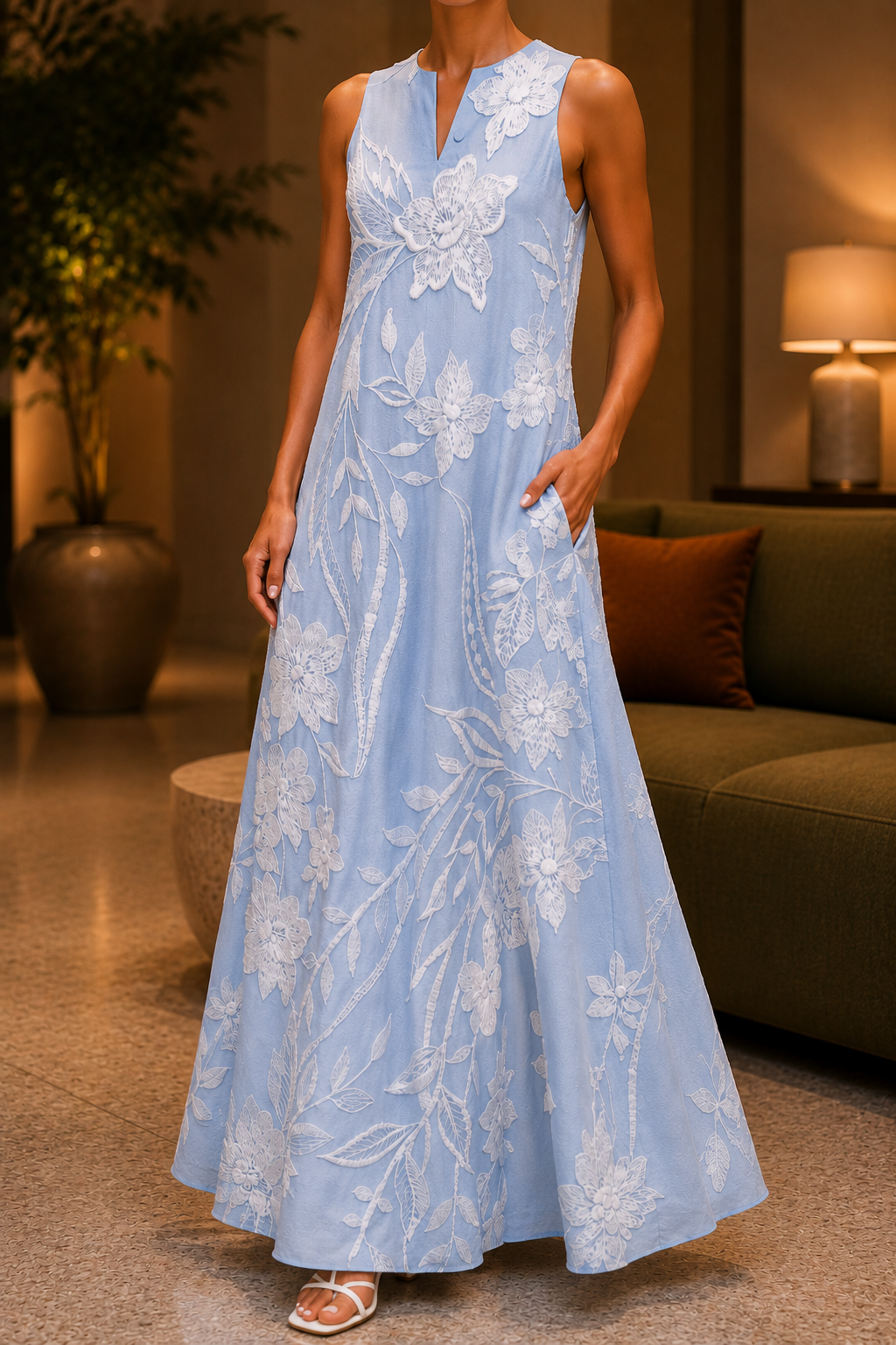 Vestido de Cuello Abierto Texturizado Sin Mangas para Mujer