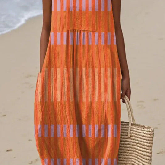Tangerina | Vestido Midi Bloques Naranja y Lila