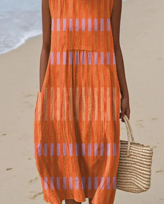 Tangerina | Vestido Midi Bloques Naranja y Lila