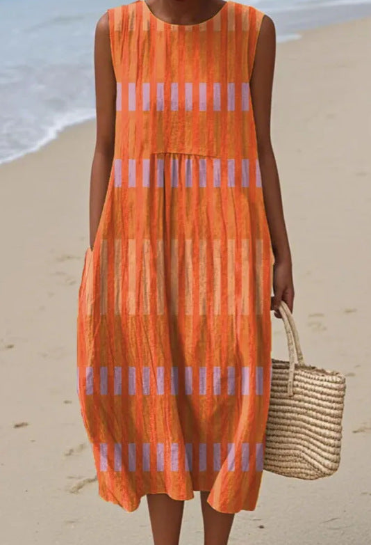 Tangerina | Vestido Midi Bloques Naranja y Lila