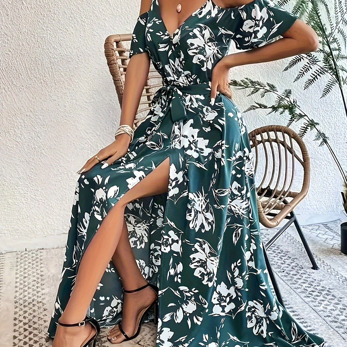 Vestido Sin Mangas de Impresión Floral con Alta Abertura para Mujeres